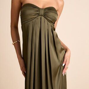 Lulus Memorable Entrance Olive Green Strapless Satin Maxi Dress - Size S
